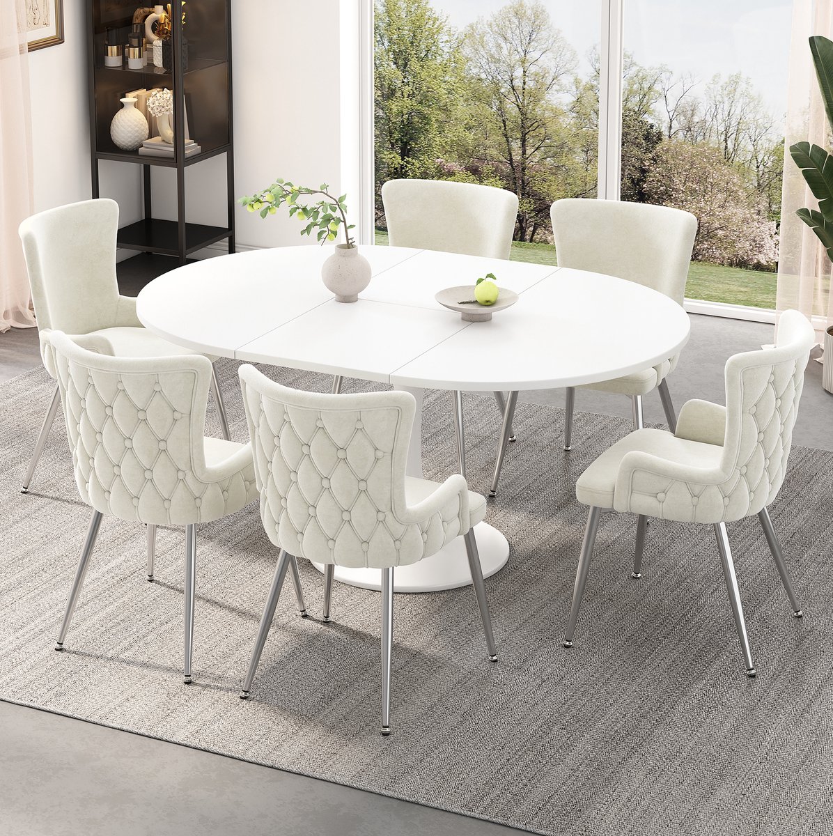 Eetkamerstoel 6 Stuks Beige Velvet Met Armleuningen En Gestept Patroon Metalen Vierpoot Voor Eetkamer Woonkamer En Slaapkamer