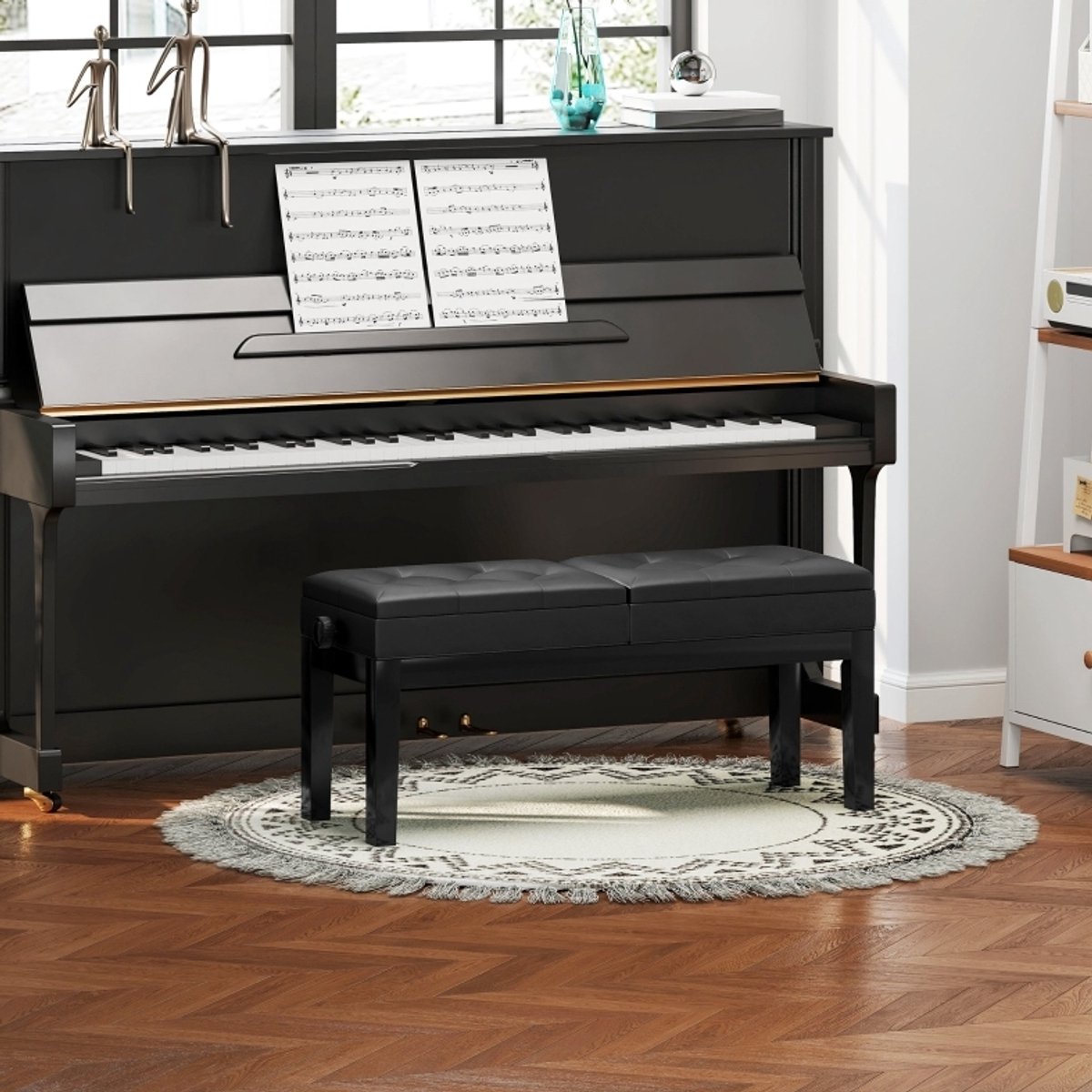 REDOM - Pianobank - Hoogteverstelbaar 48-58 cm - Dubbele zitting met opbergruimte - Geschikt om op te zitten - Hout en kunstleer - Zwart - 105 x 37 x 48-58 cm