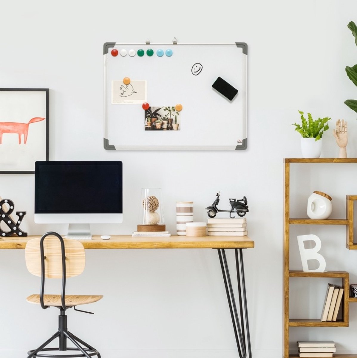 REDOM - Magnetisch whiteboard - Glad schrijfoppervlak - Wandmontage - Met 4 markers, 1 wisser en 10 magneten - Voor thuis, school en kantoor - Aluminium frame - 60 x 45 x 1,8 cm