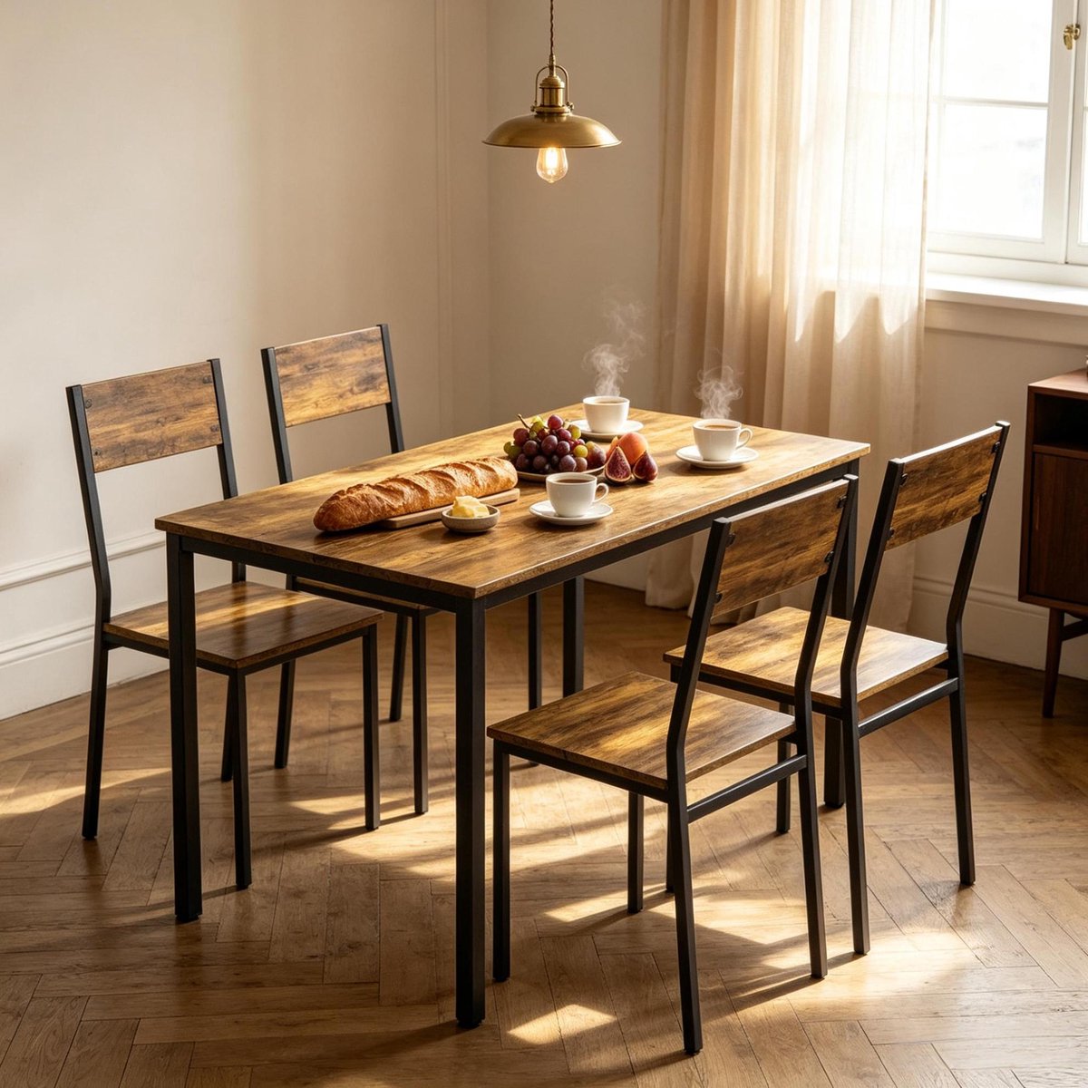 STILVORA Eettafelset 4 Stoelen - Industrieel - Ruimtebesparend - Voor Keuken, Eetkamer En Woonkamer - Hout Metaal - Rustiek Bruin Zwart