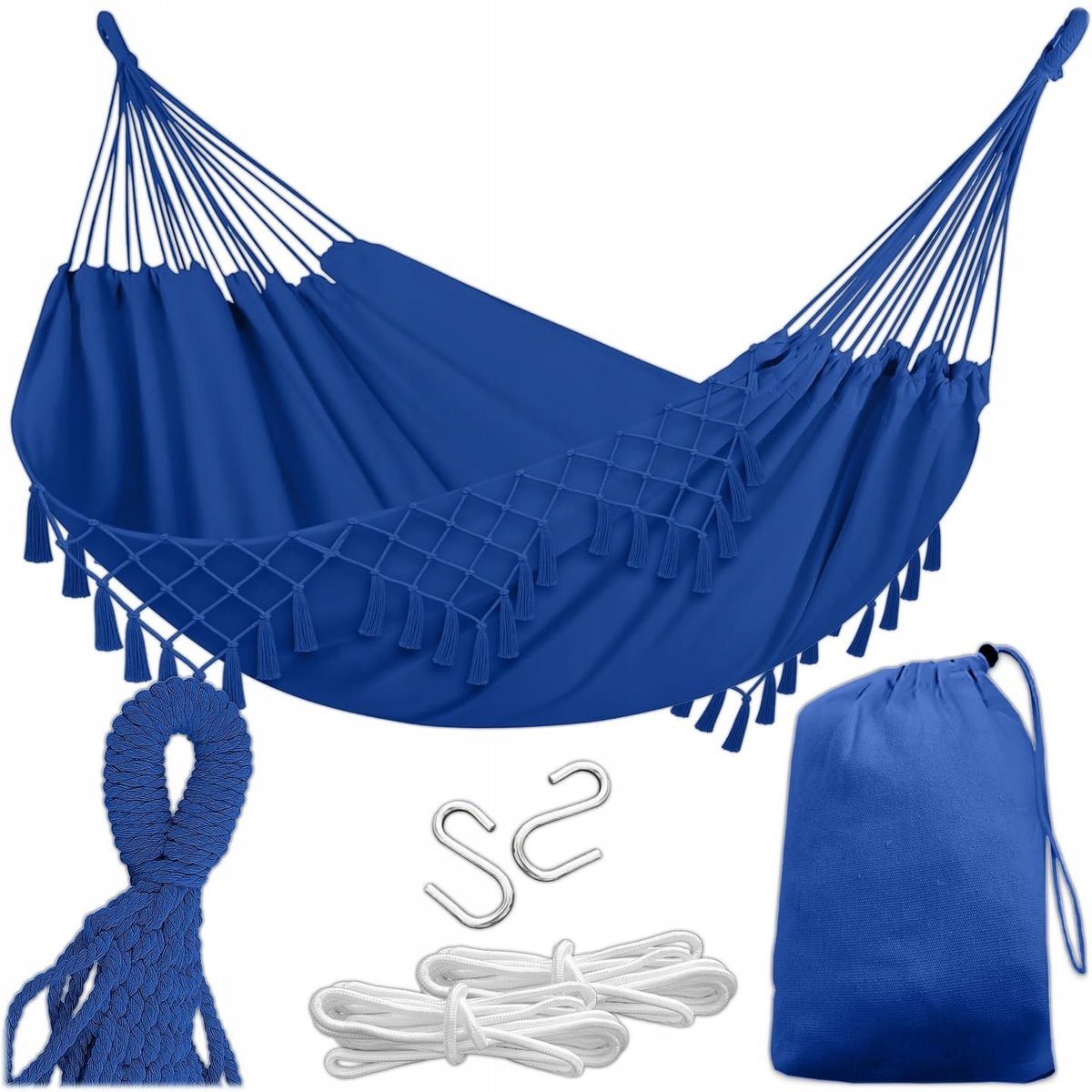 Famanu – Hangmat voor buiten in boho-stijl, 190 x 150 cm, blauw, 120 kg belastbaarheid, met franjes en opbergtas
