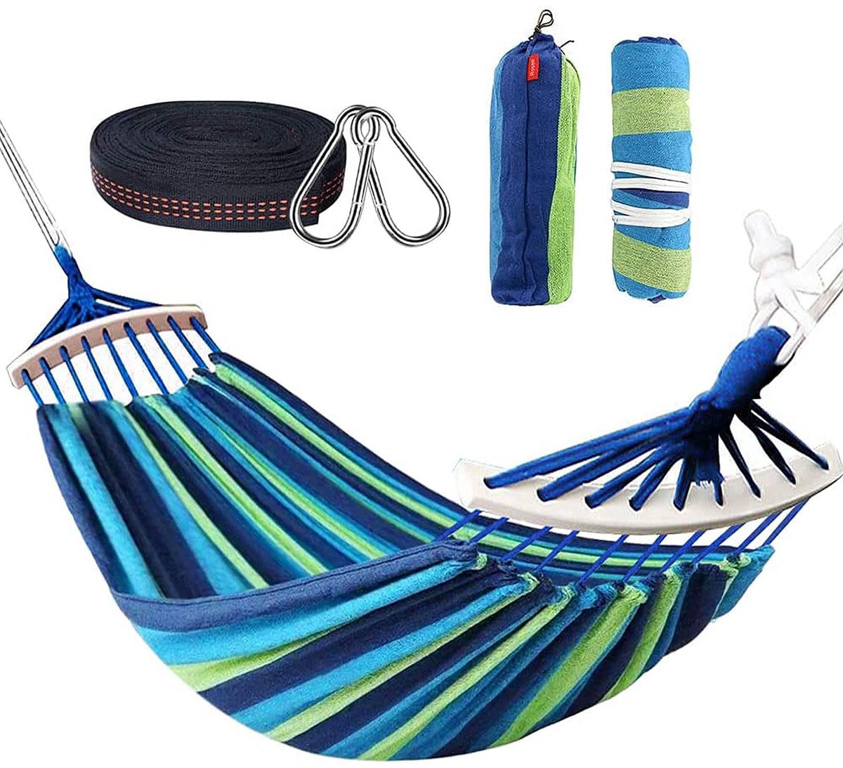 Famanu – Dubbele hangmat, 280 x 150 cm, outdoor hangmatten, staafhangmat voor reizen, kamperen, wandelen, tuin, draagbaar en ademend, belastbaar tot 300 kg, blauwe strepen
