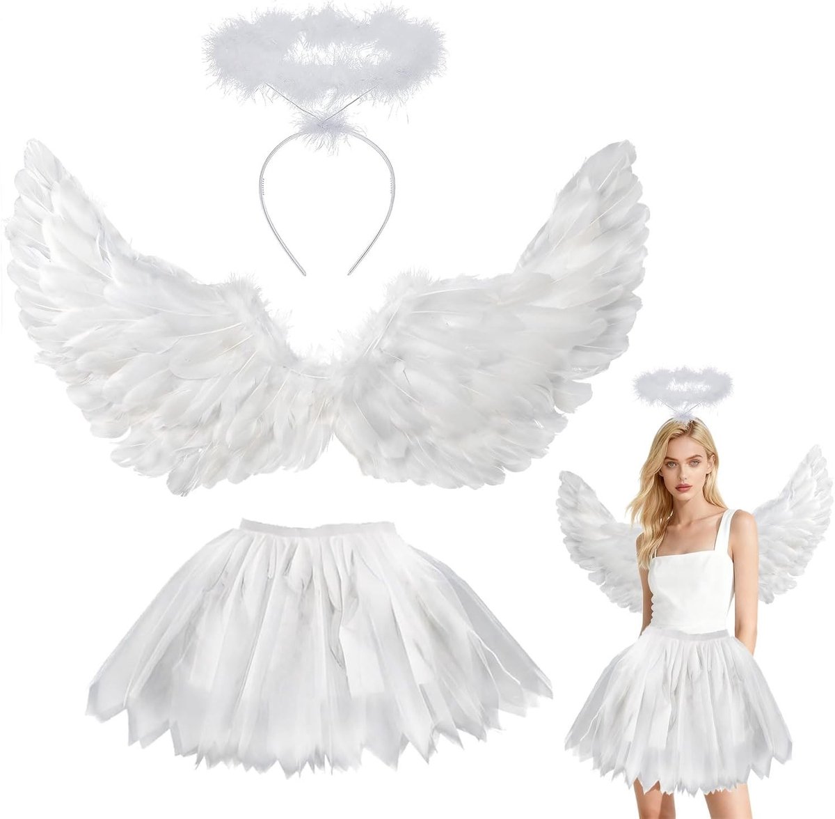 Volwassenen Engel Kostuum met Vleugels, Tutu Rok en Halo voor Halloween, Perfect voor Feestjes en Theatrale Optredens