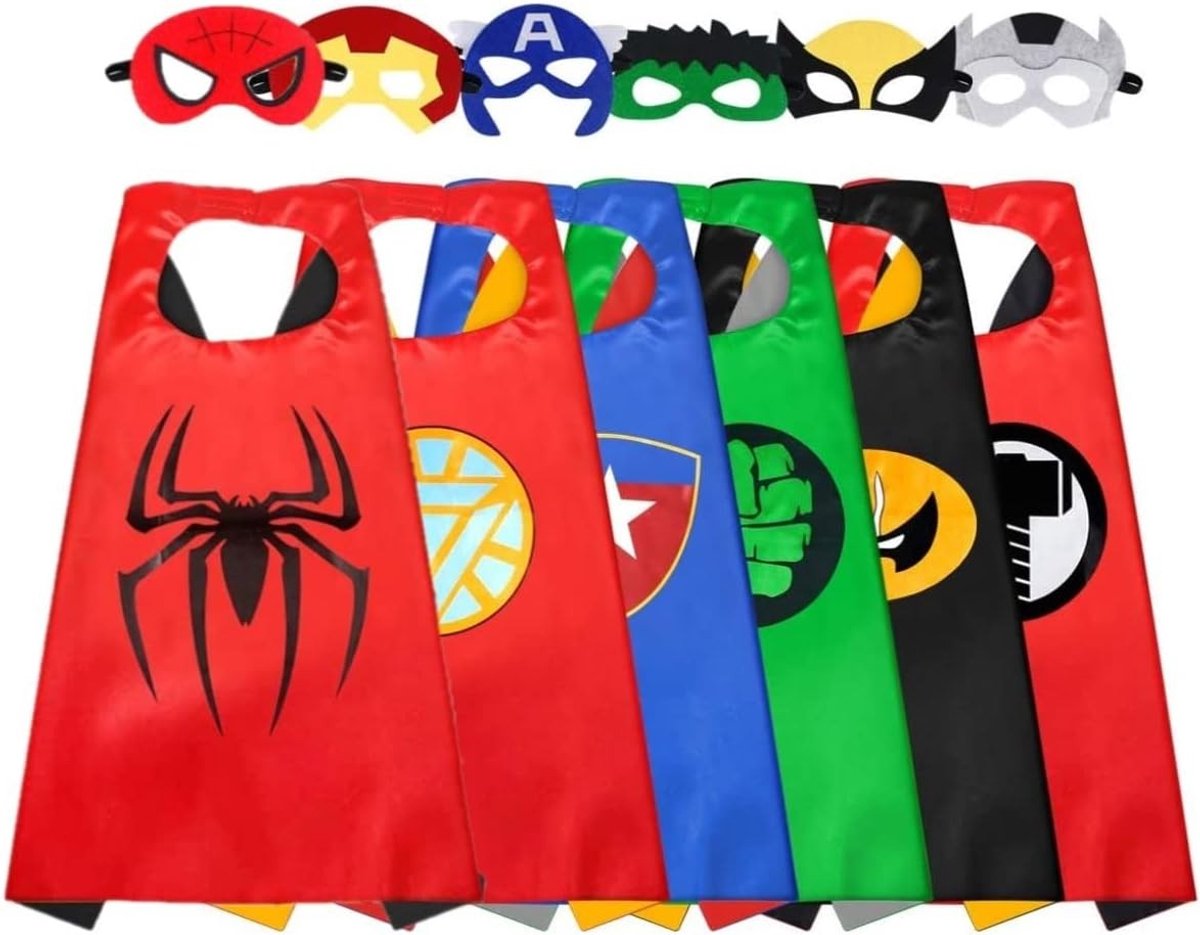 Set van 6 Superhelden Capes en Maskers, Cartoon Kostuums voor Kinderen, Verkleedkleding voor Feestjes en Spelletjes