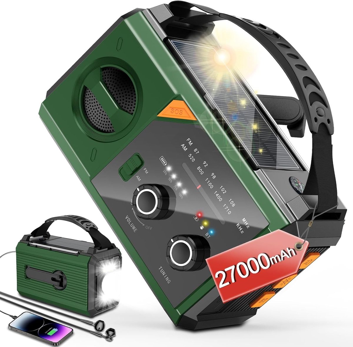 Emergency Radio - Groen - 27000mAh - Bluetooth en Solar Crank - Voor Noodsituaties en Buitenshuis