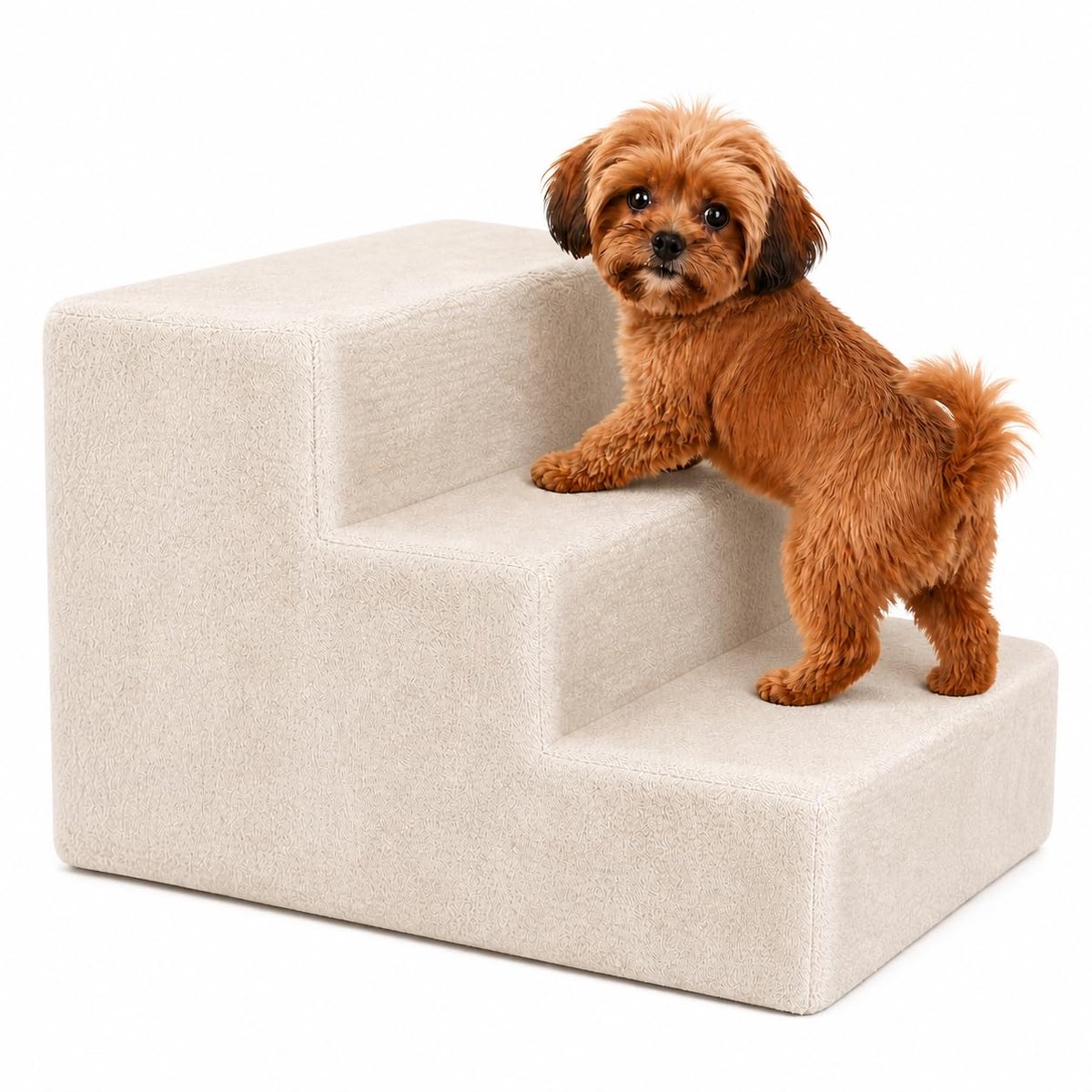 Famanu – Huisdierentrap met pluche hoes, 46 x 36 x 34 cm, robuuste hondentrap, afneembare en wasbare hoes, belastbaar tot 50 kg, beige