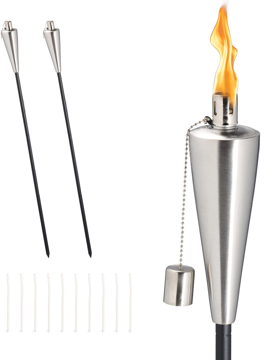 Famanu – Set van 3 tuinfakkels van met een inhoud van 290 ml, variabele hoogte, zilver-zwart, 115 cm voor buitengebruik