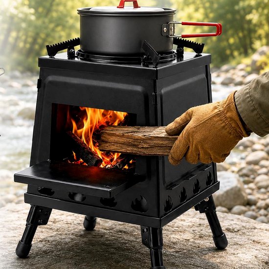 Houtgestookte tentkachel - Campingbarbecue - Draagbare houtkachel - Houtgestookte survivalkachel voor buiten - Opvouwbare winddichte campingkachel - Geschikt voor reizen, kamperen en buiten koken - Roestvrij staal - Zwart — afbeelding 3