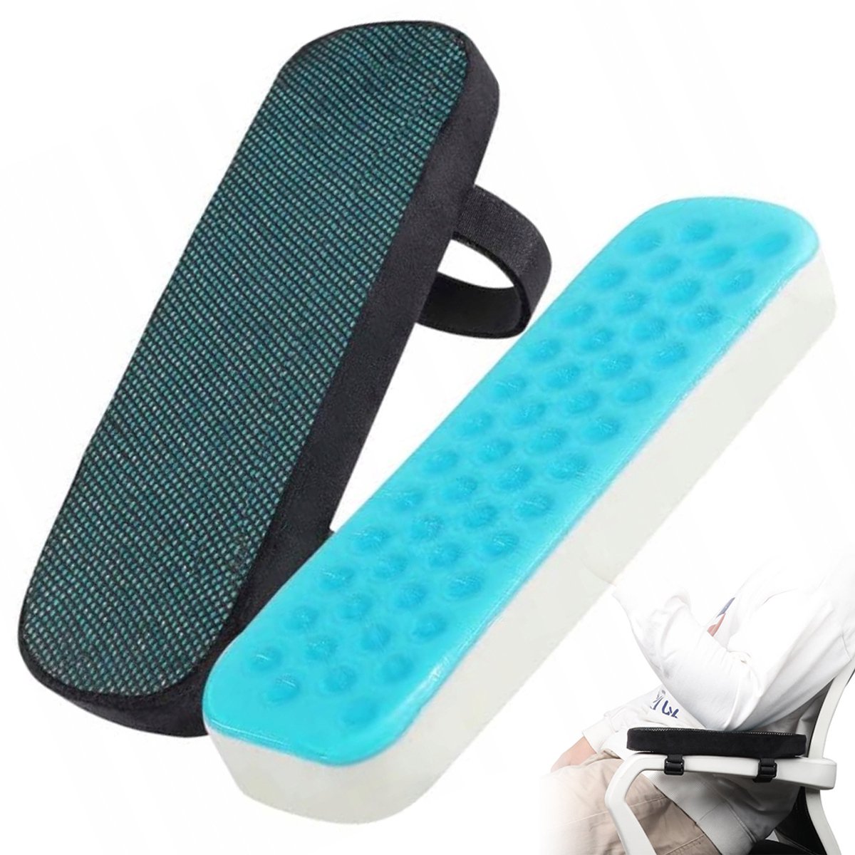 Gel armleuningkussens – Stoelarmleuningen – Armsteunen – Handkussens van traagschuim met langzame terugvering – Universele armleuningkussens – Zacht en comfortabel – Ergonomisch – Bureaustoelaccessoires – Set van 2 – 25,4*7,5*3 cm – Zwart