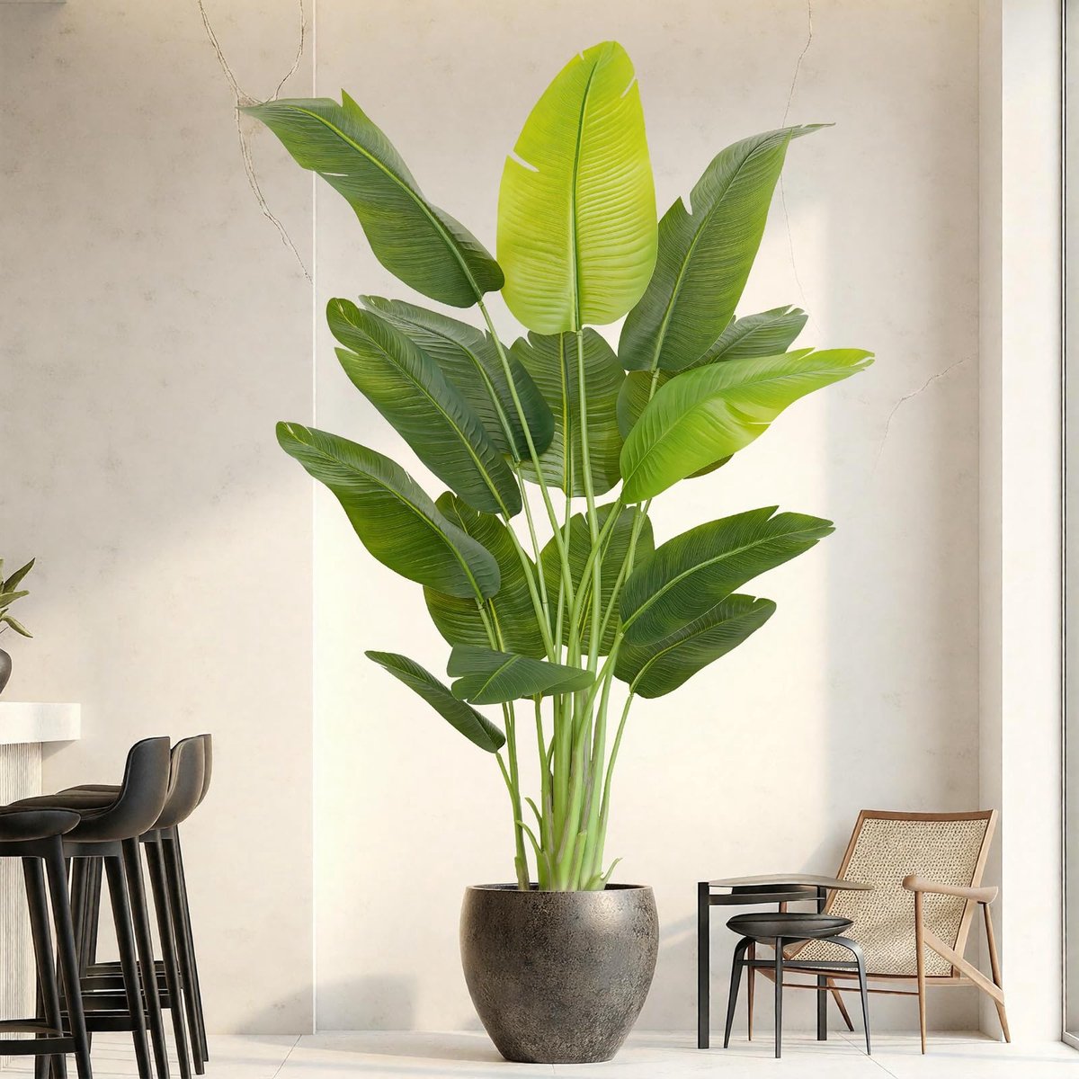 Famanu – Kunstmatige paradijsvogelplant 200 cm, grote nepplant met witte pot, 15 bananenbladeren, ideaal voor decoratie in kantoor, thuis en slaapkamer