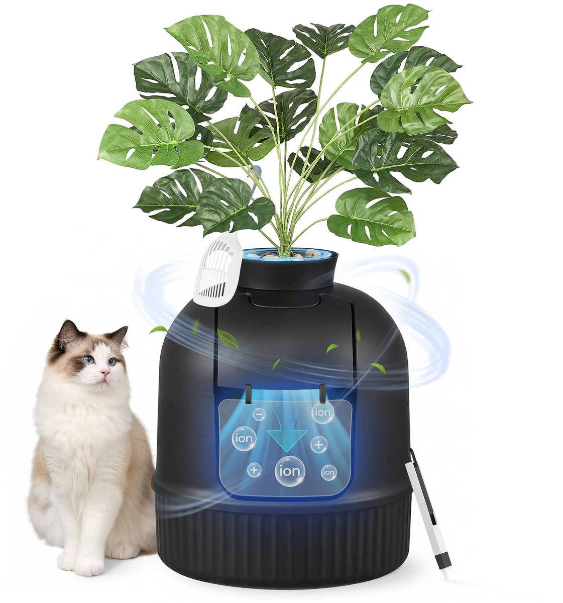Famanu – Verborgen kattenbak met kunstplant en deur, gesloten ontwerp, met koolstoffilter voor geurcontrole, inclusief kiezels, schepje en borstel, inkt zwart