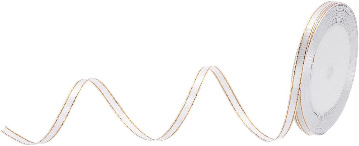 Satin Lint 25m 1/4 Inch met Gouden Rand voor Cadeauverpakking, Bruiloft en Bloemstukken in Wit