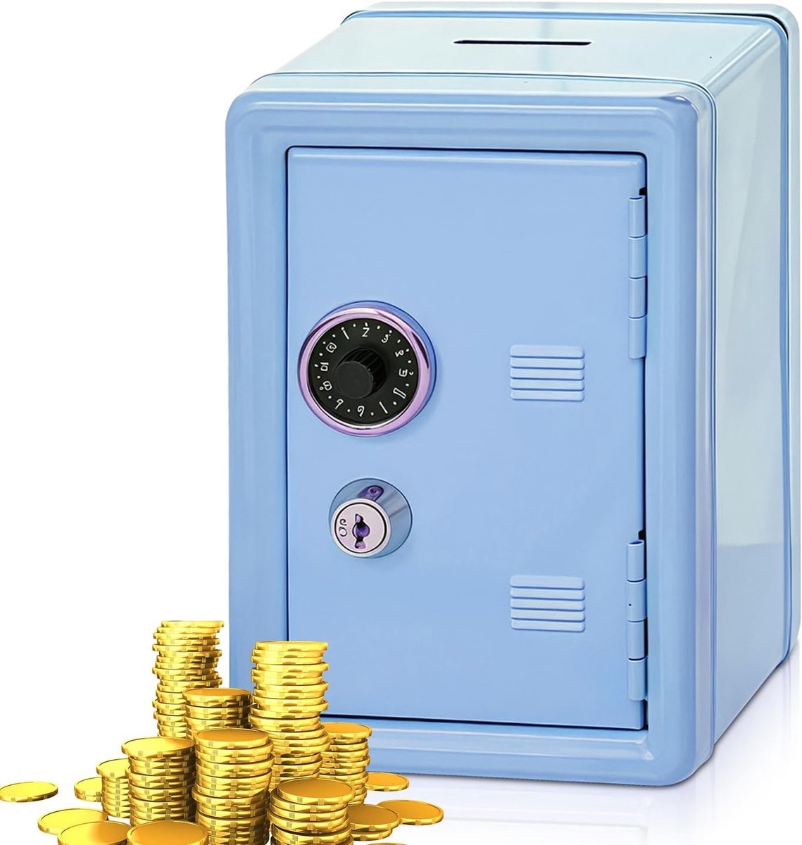 Veiligheidsbox voor geld, spaarpot met sleuf, mini kluis voor geldopslag, met 2 sleutels, ideaal voor sparen, H: 18 cm L: 12 cm W: 9.5 cm, perfect voor kinderen en volwassenen, blauw