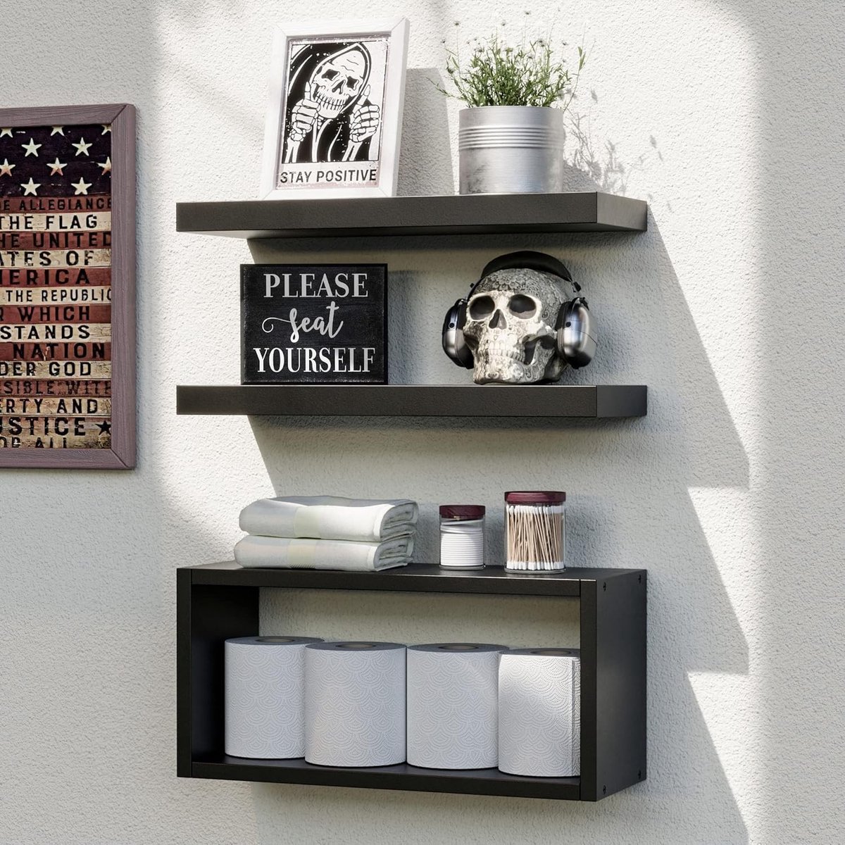 Set van 3 Zwarte Zwevende Planken voor Badkamer, Ideaal voor Boven het Toilet en Opslag van Toiletartikelen
