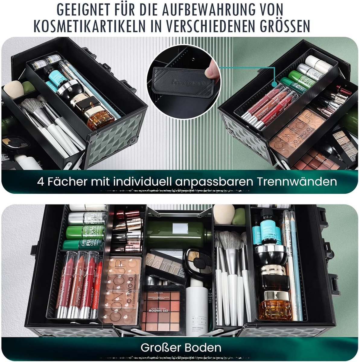 Cosmeticakoffer - Donkergroen - 25 x 18 x 23,5 cm - Aluminium Make-up Koffer met Uittrekbare Vakverdeling - Voor Dames
