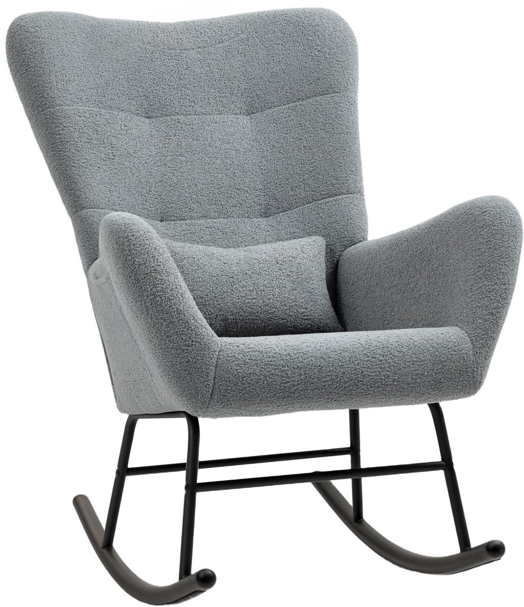MODENUIT Schommelstoel - 67 x 95 x 100 cm - Met Armleuningen, Lendenkussen En Zijvak - Teddystof - Grijs
