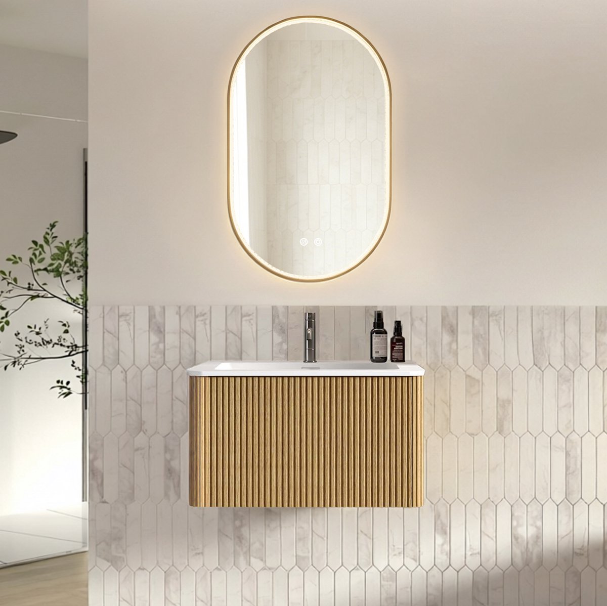 MIVRAY Badmeubelset - Wandhangend Waschtafelmeubel Met LED Spiegel - Eikenkleur En Modern Design - 80 Cm