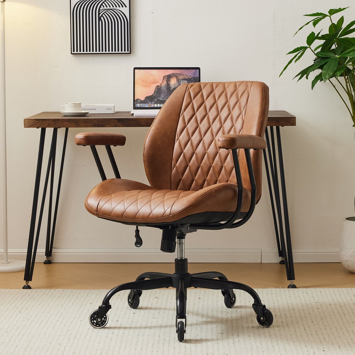 OKWISH Bureaustoel – Verstelbare Zithoogte – Met Armleuningen En Wielen – Ergonomische Werkstoel Voor Thuis En Kantoor – Leer – Bruin