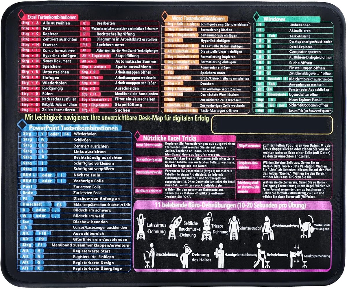 Excel Shortcuts Muismat, zwart, bureauonderlegger, 250 x 300 x 2 mm, Excel-mat met snelkoppelingen, antislip, Duitse - ShopVlot