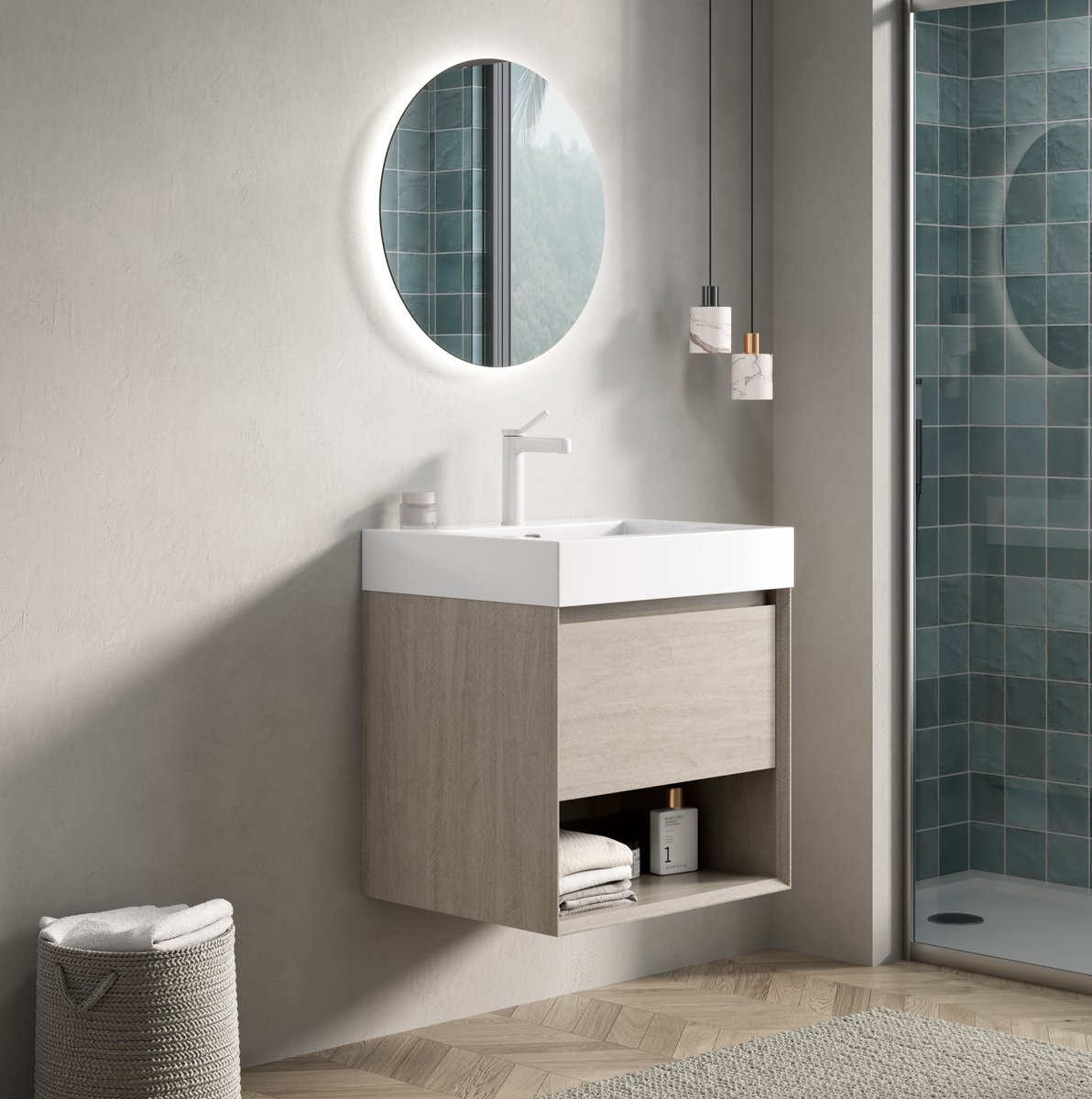 MIVRAY Badkamermeubel - Wandmodel Met Wastafel, Lade En Open Vak - Licht Eiken Wit - 55x46x60 Cm