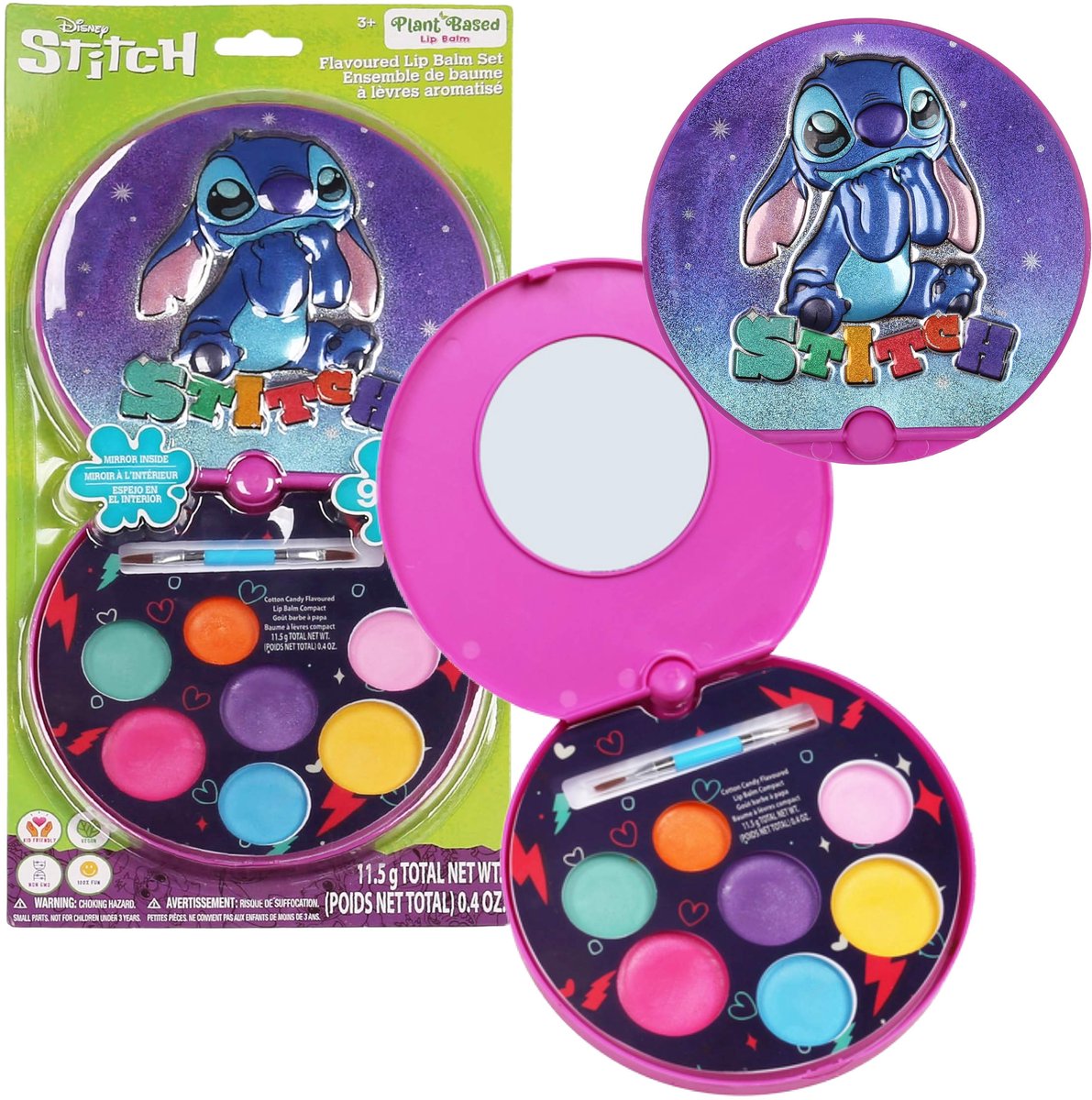 Disney Stitch lippenbalsem voor kinderen, palet met spiegel, 7 kleuren – lippenbalsem-set met spiegel