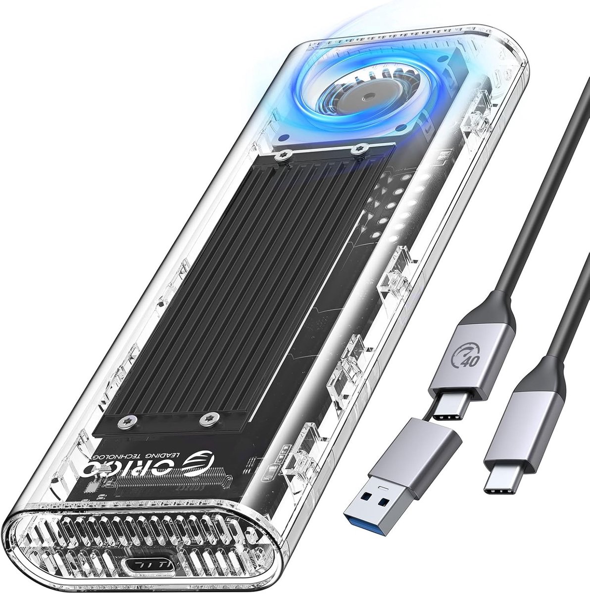 40 Gbps NVMe SSD Behuizing met Ventilator, Tool-vrije M.2 Adapter voor Thunderbolt en USB, Ondersteunt M-Key SSD 2230/2242/2260/2280, Transparant Ontwerp