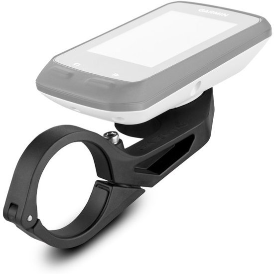 Zwarte Garmin fietscomputersteun met een grijze fietscomputer gemonteerd, bevestigd aan een stuur.