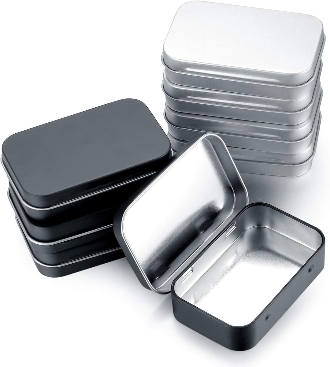 Set van 8 Rechthoekige Blikjes met Deksel, Lege Gehingde Blikken voor Snoep, Sleutels en Sieraden Organisatie, Zwart en Zilver
