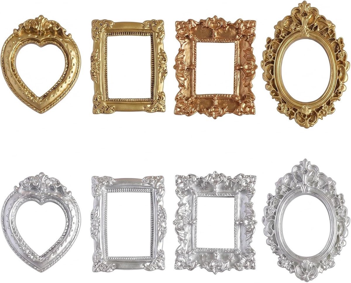 8 stuks mini-fotolijsten in vintage barokstijl - goud en zilver - ideaal voor doe-het-zelf sieraden - vakantiedecoratie en hoteldecoratie - veelzijdige harslijst voor kleine foto's