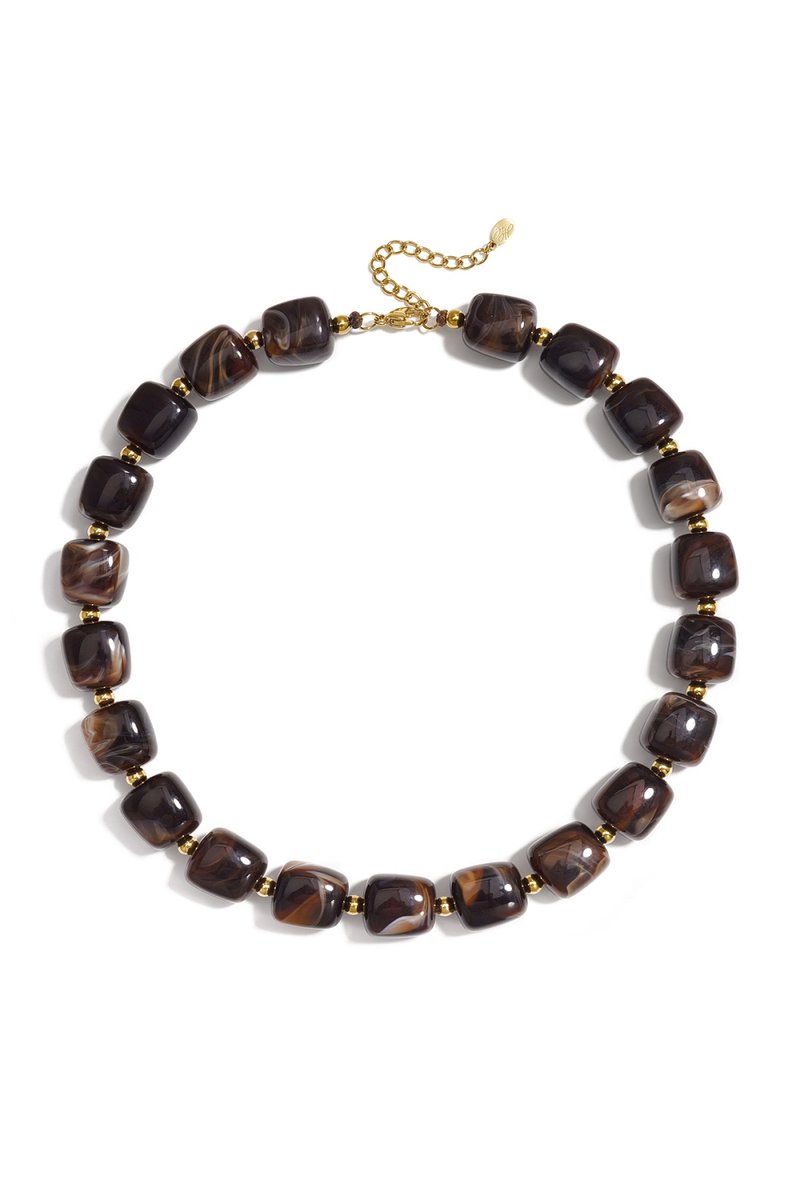 Bijoutheek Collier Kralen Grof Vierkant Bruin