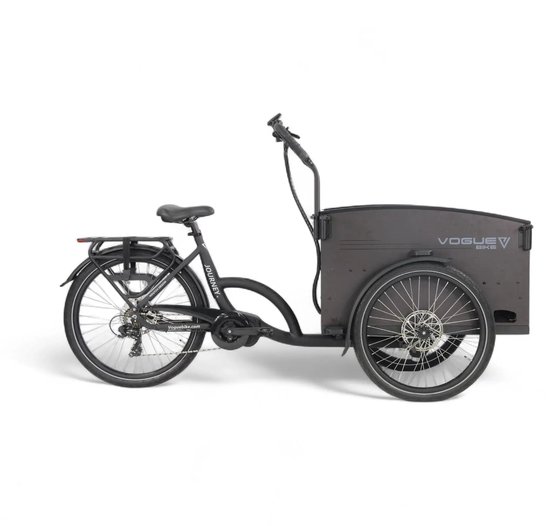 Zijaanzicht van de zwarte Vogue bakfiets met het 'Journey' logo op het frame.