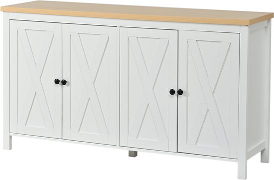 Witte dressoir met vier deuren, X-patroon, zwart handvat, houten blad.