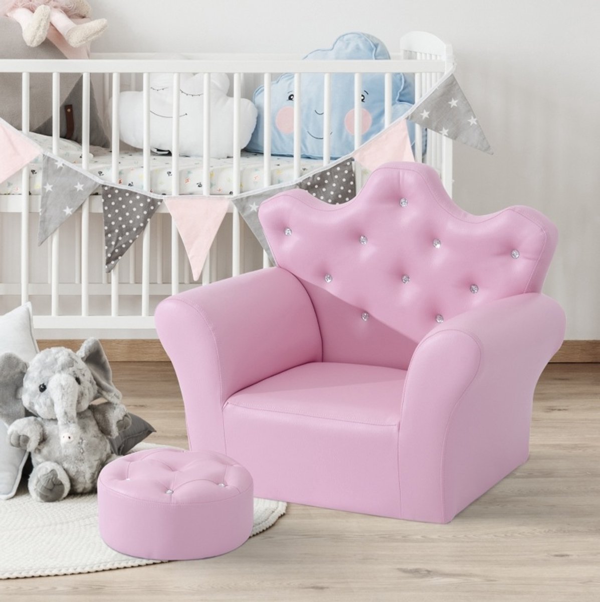 REDOM - Kindersofa - Met ottomane - Zachte zitting en armleuningen - Gecapitonneerde afwerking - Klassieke stijl - Kinderkamer - Kunstleer en hout - Roze - 58 x 40,5 x 49 cm