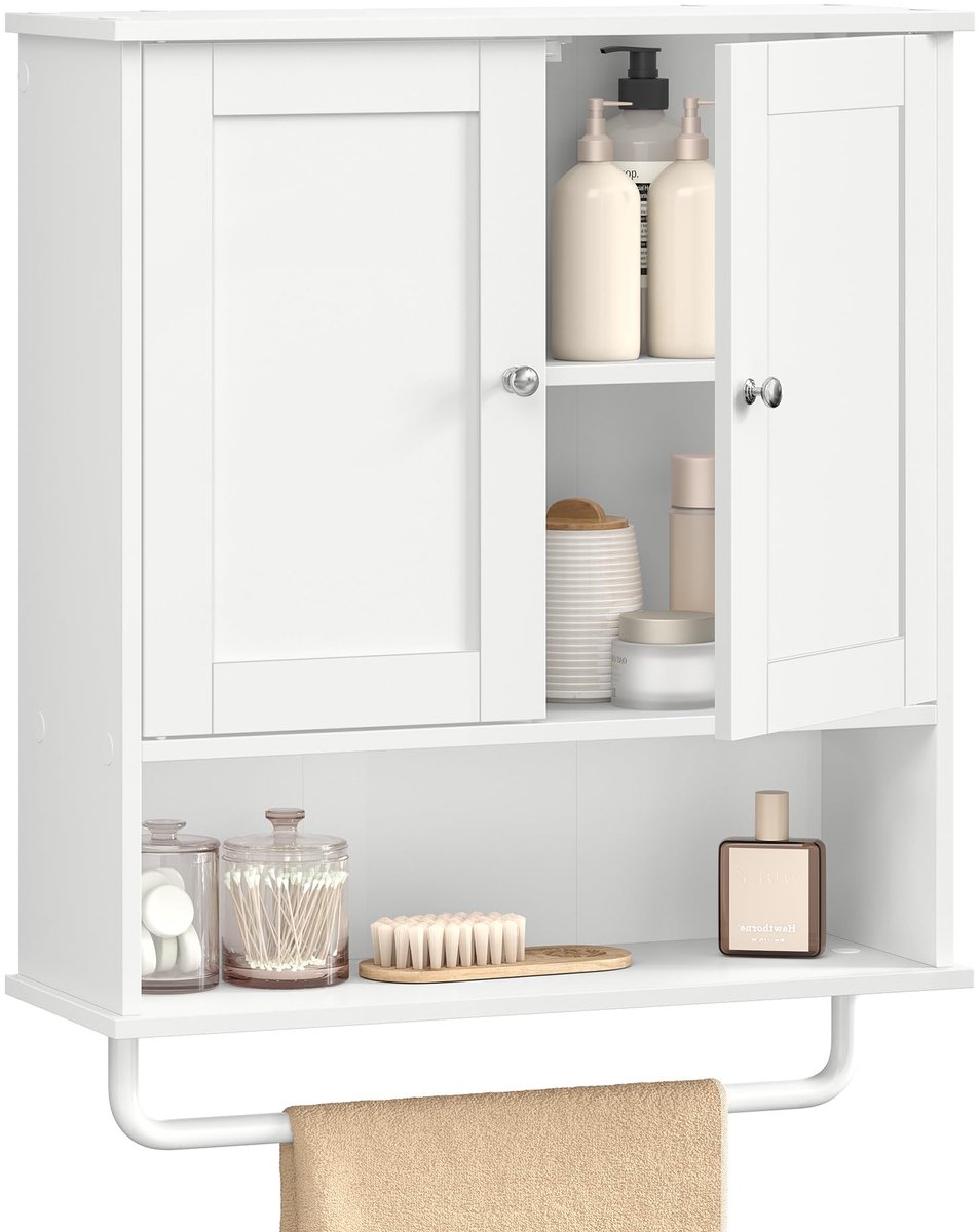 Famanu – Hangkast met handdoekstang, wandkast met open plank, verstelbaar rek en deuren, rustieke stijl, wolkenwit