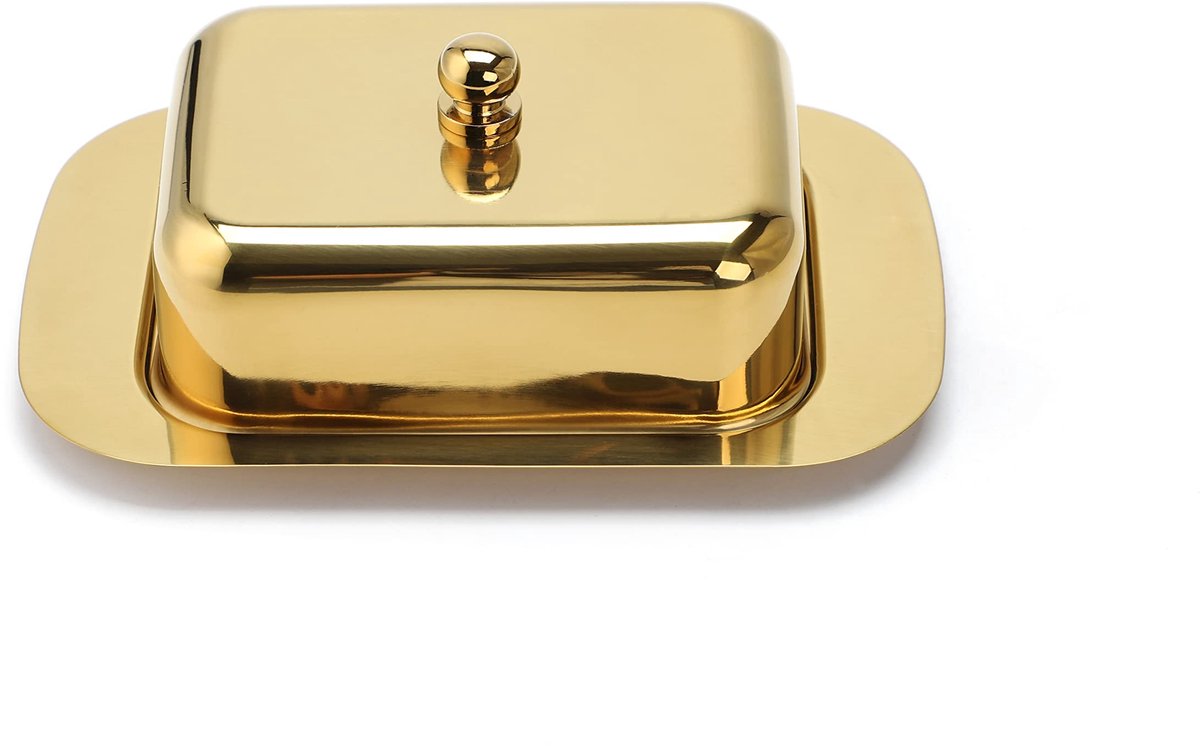 Famanu – Hoogwaardig roestvrijstalen botervlootje met deksel, ideaal voor boter, 250 g, gouden editie, 18,5 x 12,2 x 7,0 cm