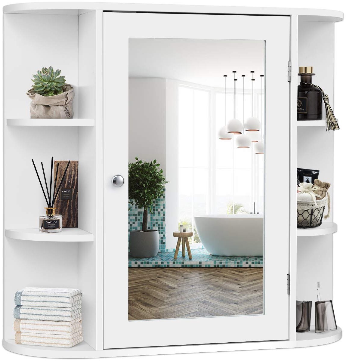 Famanu – Spiegelkast van hout met planken en spiegel, wandkast voor de badkamer, 66 x 17 x 63 cm, wit