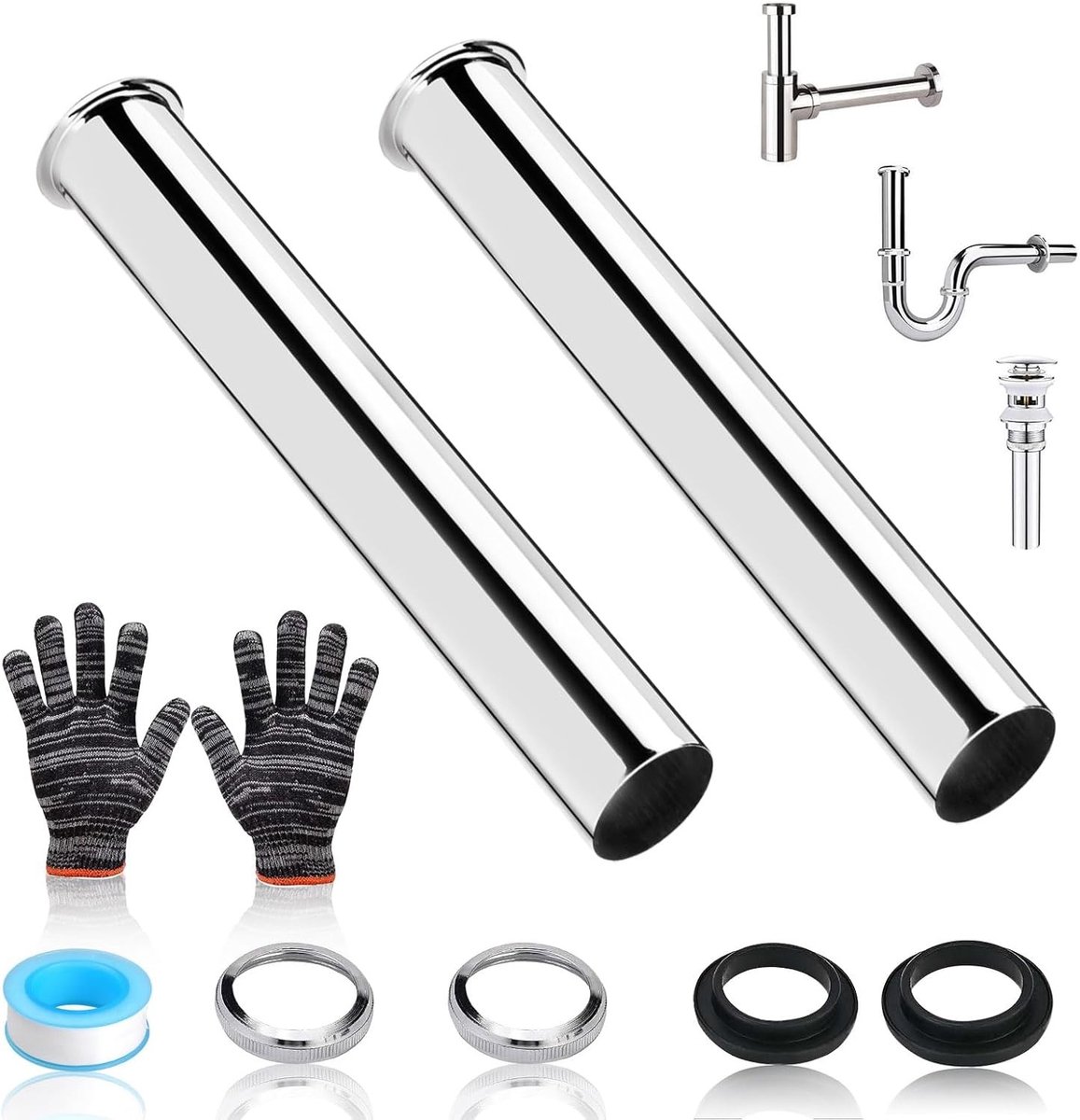 Stainless Steel Siphon Verlengbuis 200mm met Afsluitringen en Moer voor Afvoer en Wastafel, 1 1/4 Inch x 32 mm, Duurzaam en Corrosiebestendig