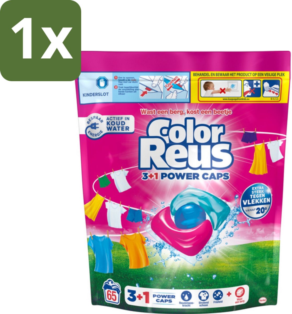 1 x Color Reus - 3+1 Power Caps - Gekleurde Was - 65 Wasbeurten - Gekleurde Was - Kleurbehoud - Vlekverwijdering - Reus Power Caps - Wasresultaten