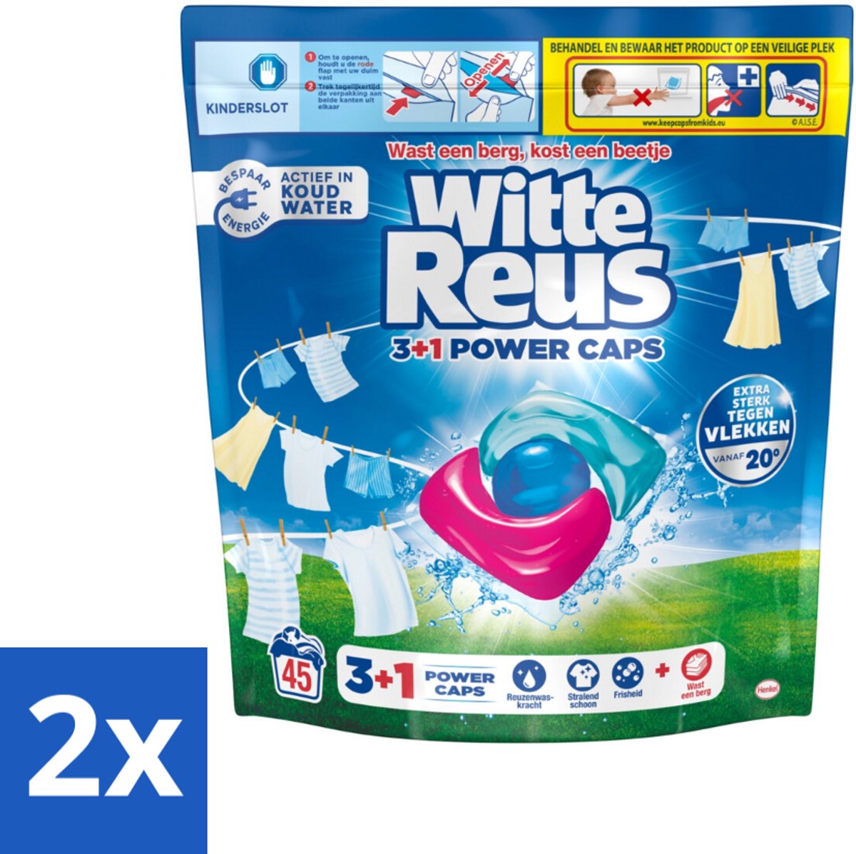 2 x Witte Reus - 3+1 Power Caps - Witte Was - 45 Wasbeurten - Wascaps - Wasmiddel - Wit Wasgoed - Lichtgekleurd Wasgoed - Vlekkenverwijderaar