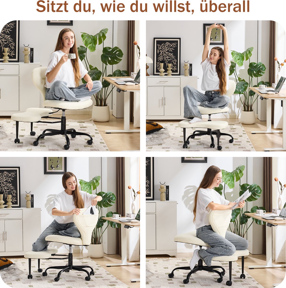 MIVRAY Bureaustoel Kniestoel 64,5 Cm - 360° Draaibaar Met Verstelbare Zithoogte En Rubberen Wielen - Voor Thuiswerk En Meditatie - Leer Wit thumbnail 4