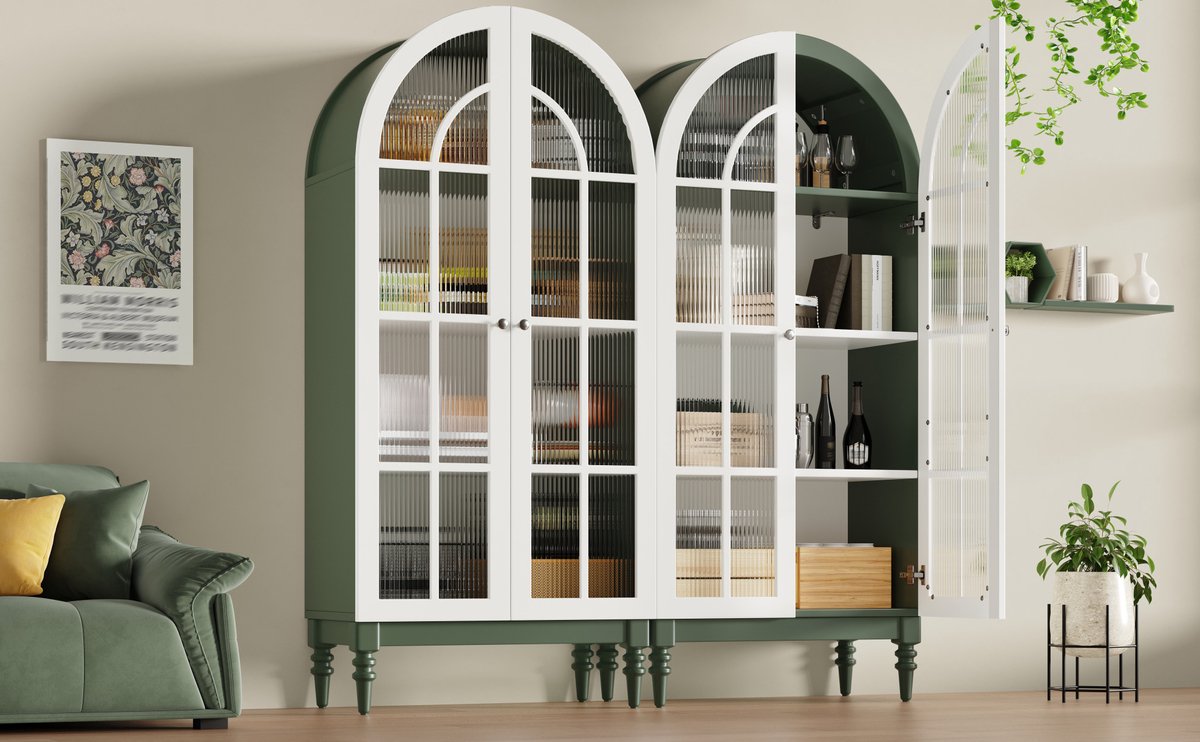 Vitrinekast Met Boogvorm En Geribbelde Glazen Deuren - 3 Planken Voor Woonkamer Eetkamer En Hal - MDF Metaal - Donkergroen Wit - 76x38,5x165 Cm