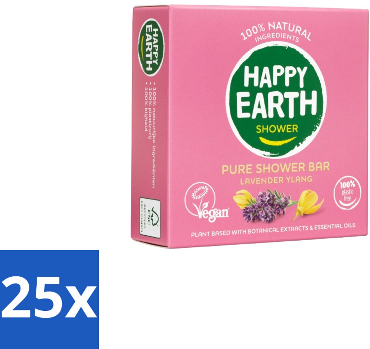 25 x Happy Earth – Shower Bar – 100% Natuurlijk Lavender Ylang – 90 g - Voordeelverpakking - 25 stuks