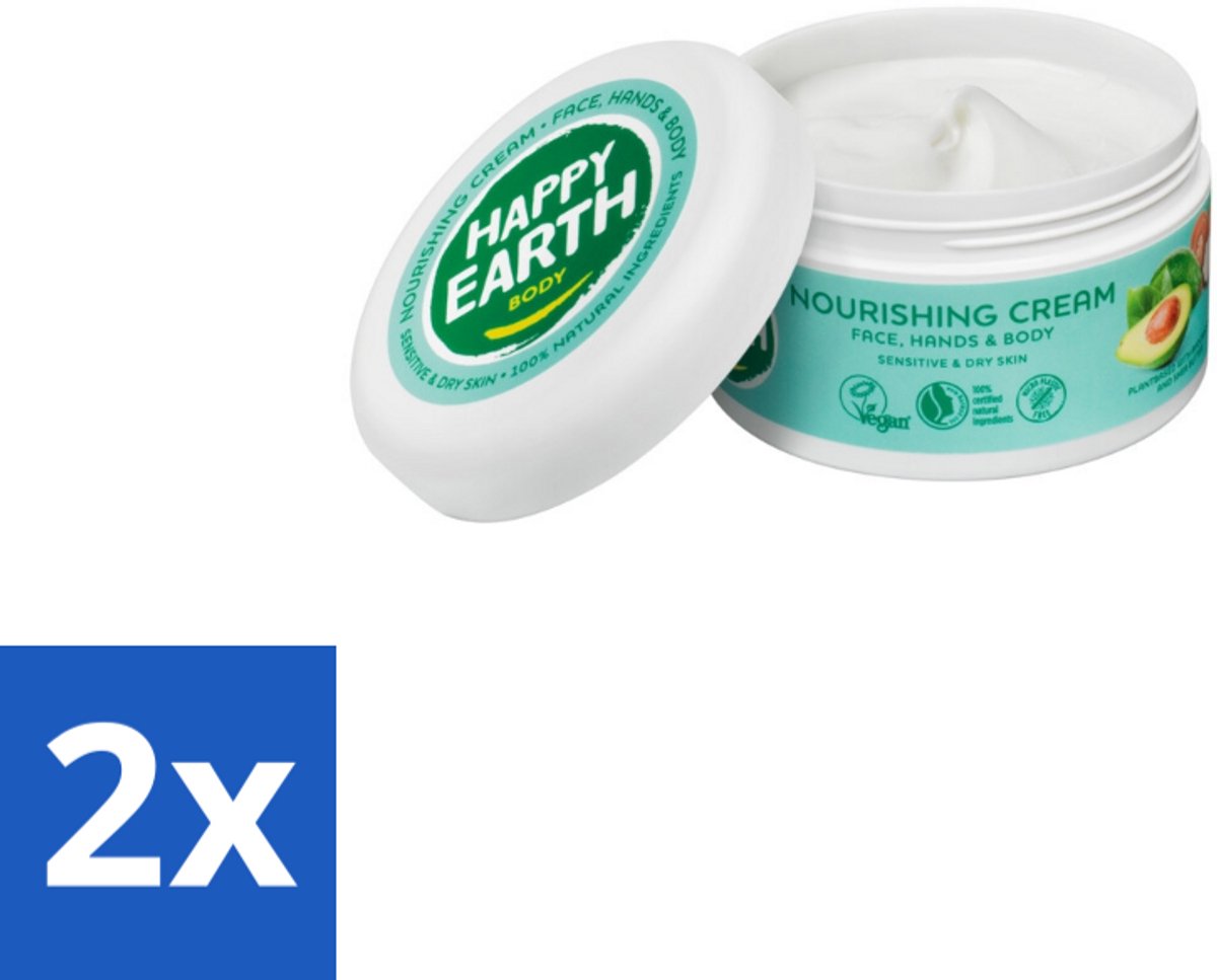 2 x Happy Earth – Voedende Crème – 100% Natuurlijk – 200 ml - Natuurlijke Crème - Droge Huid Verzorging - Vegan Crème - Avocado-olie - Cacaoboter