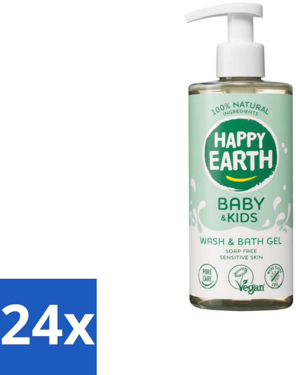 24 x Happy Earth – Was & Badgel – Zeepvrij Baby & Kids – 300 ml - Wasgel - Huidverzachter - Babywasgel - Natuurlijke Wasgel - Allergeenvrije Wasgel