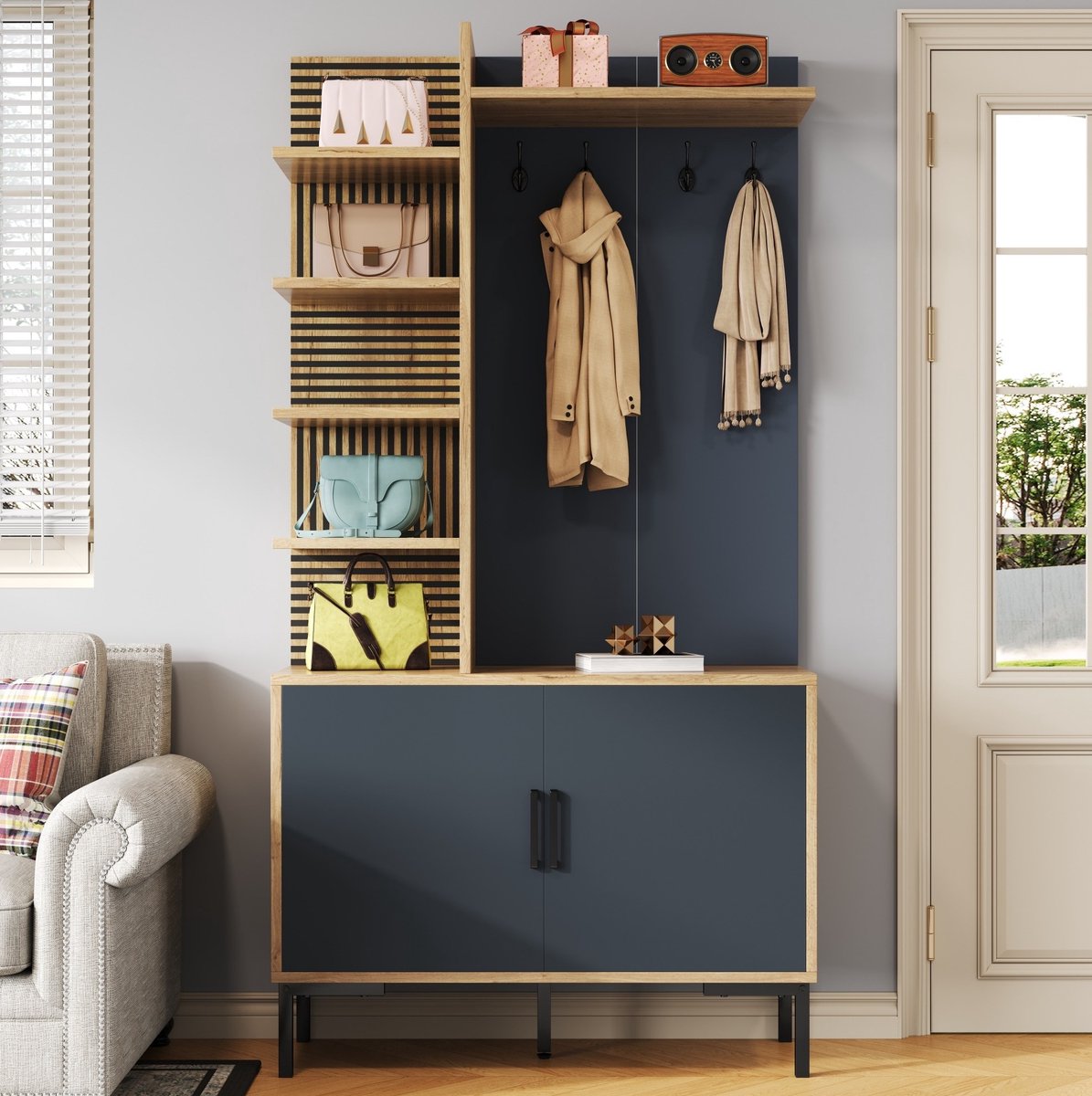 OKWISH Kledingrek - Kapstokset Met Opbergkast - Verstelbare Legplank En Haken - Voor Hal En Entree - Spaanplaat Natural En Zwart - 100x40x190,5 Cm
