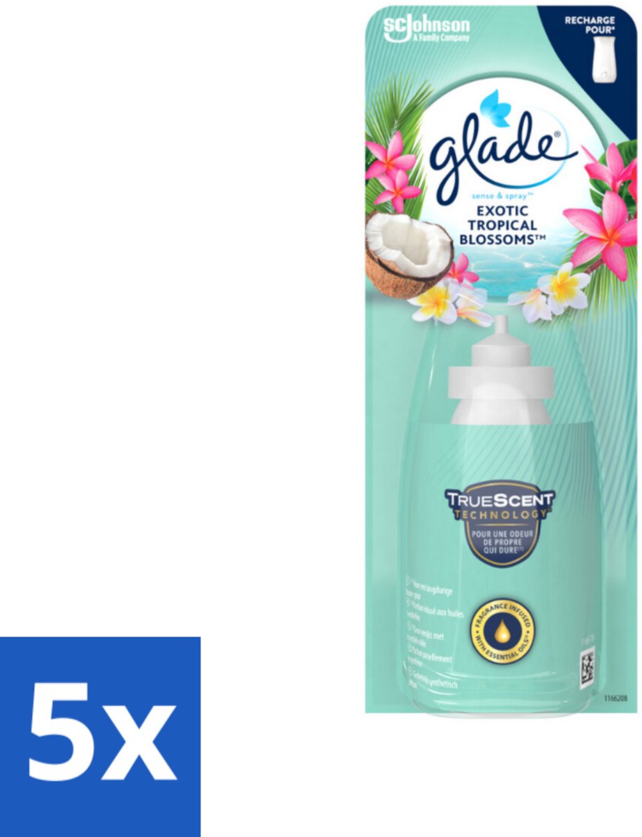 5 x Glade – Sense & Spray Navulling – Exotic Tropical Blossoms – 18 ml - Tropische Geur - Bewegingssensor - Kokos En Bloemen - Luchtverfrisser - Exotische Geur