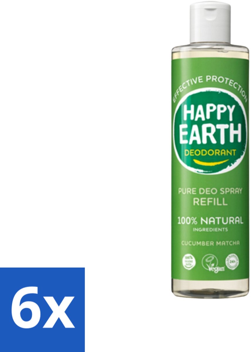 6 x Happy Earth – Deodorant Spray Navulling – 100% Natuurlijk Cucumber Matcha – 300 ml - Deodorant - Frisheid - Natuurlijke Deodorant - Matcha - Komkommer