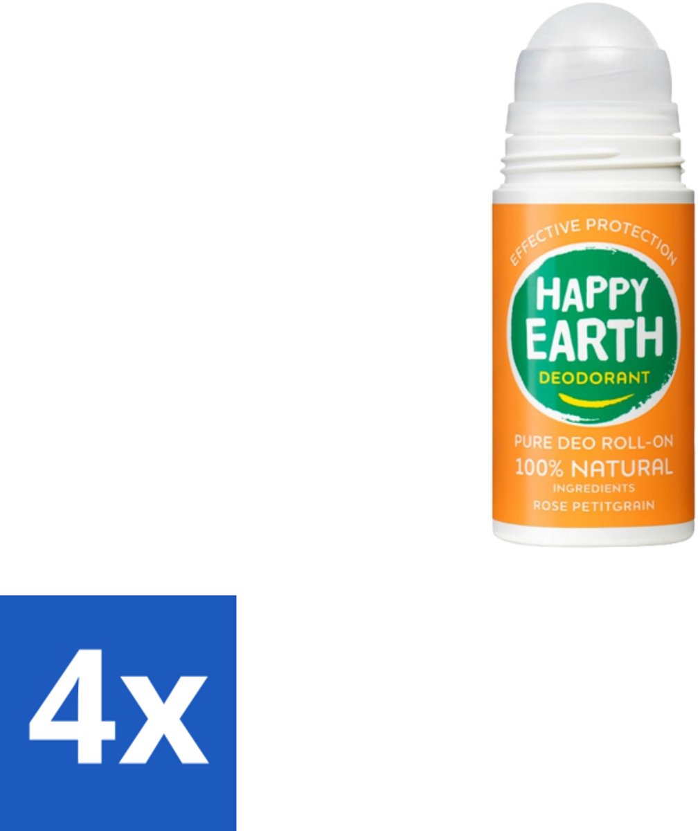 4 x Happy Earth – Deodorant Roll-On – 100% Natuurlijk Rose Petitgrain – 75 ml - Natuurlijke Deodorant - Roll-on Deodorant - Bloemige Geur - Frisse Geur - Huidvriendelijk