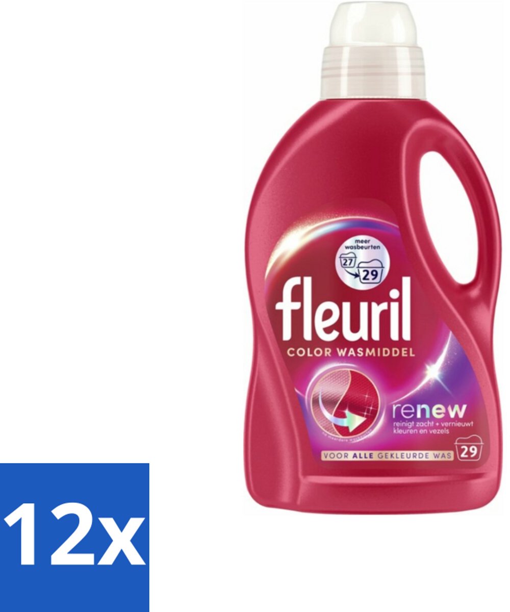 12 x Fleuril – Wasmiddel - Color – 29 wasbeurten – 1,305 L - Kleurbehoud - Wasmiddel Voor Gekleurde Kleding - Vlekverwijdering - Wasmiddel Voor Textiel - Wasmiddel Voor Delicate Stoffen
