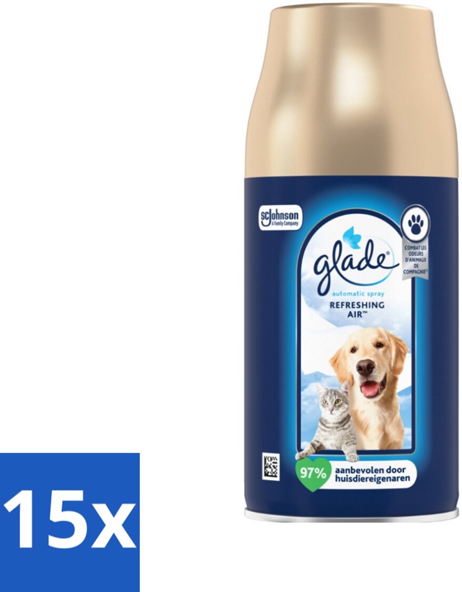 15 x Glade – Automatic Spray Navulling – Refreshing Air Huisdieren – 269 ml - Dierengeur Neutraliseren - Luchtverfrisser Huisdieren - Automatische Geurverfrisser - Frisse Geur Huisdieren - Glade Navulling Pets